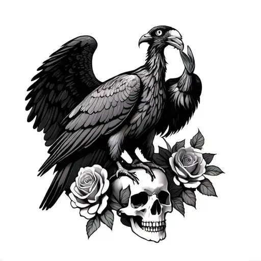 turkey vulture standing on a skull with roses hauntingly with wings wrapped around itself  tattoo design idea