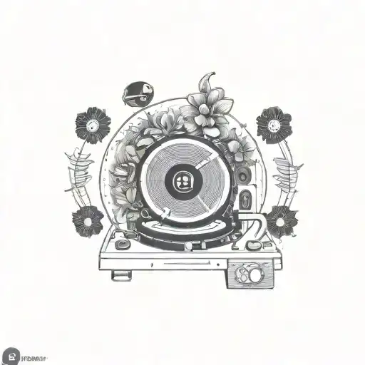 record player with flowers tattoo design idea