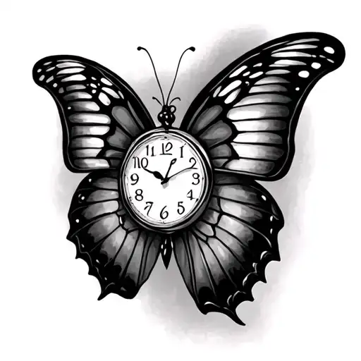 Butterfly with a wing that rebuilt, clockless clock tattoo design idea