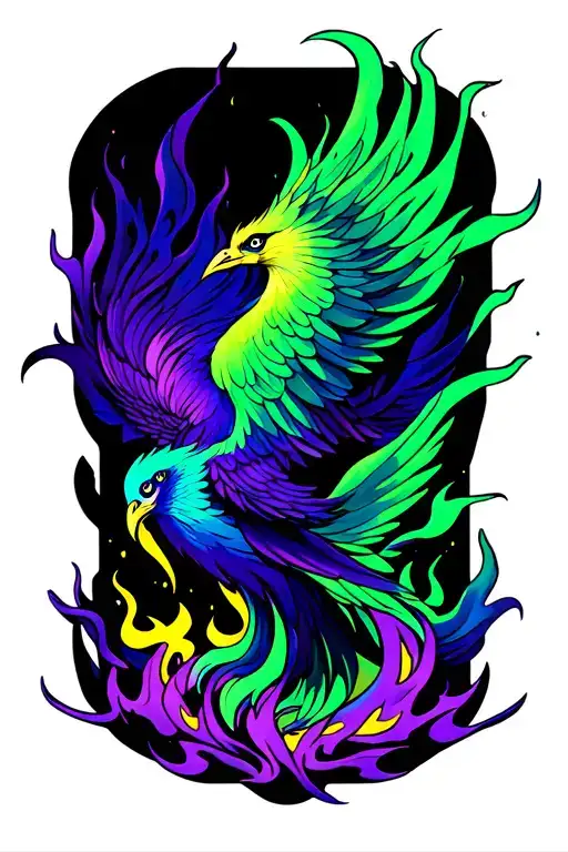 phoenix rising from ashes, green and purple flames, small yellow cancer ribbon, phoenix looking up tattoo design idea