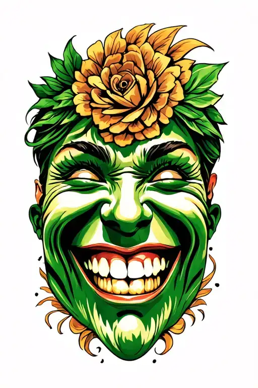 green and gold. crazy wild happy human face. tattoo design idea