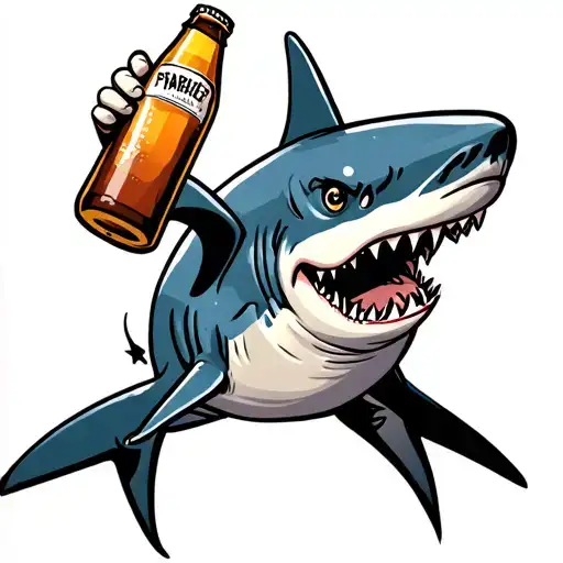 cartoon hammerhead shark holding a beer bottle tattoo design idea