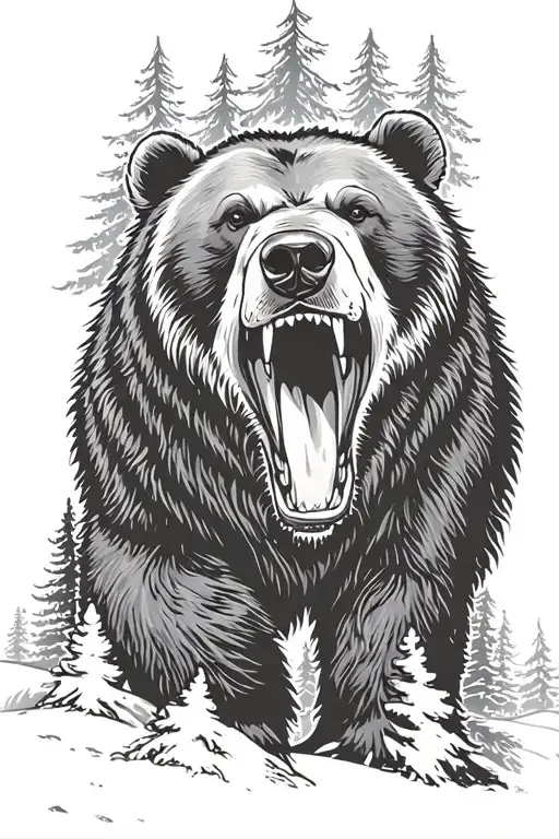 Bear roaring infront of a background of trees tattoo design idea