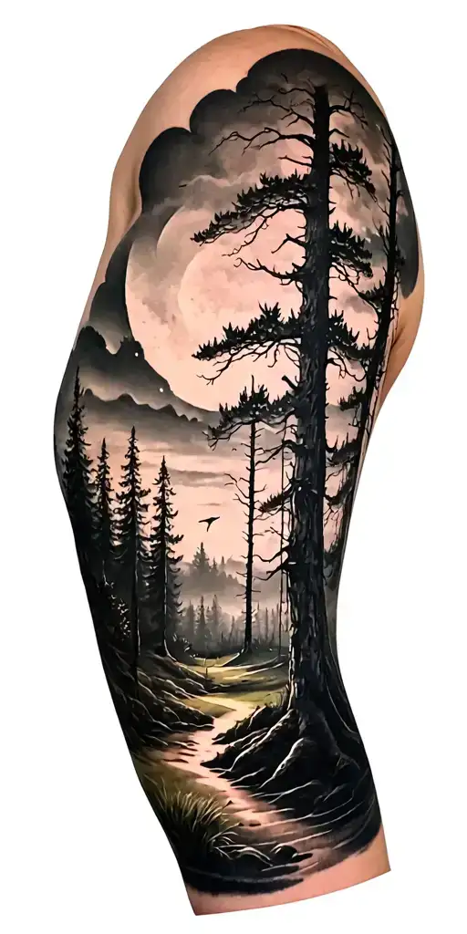 creepy forest scene with black sky golf course tattoo design idea