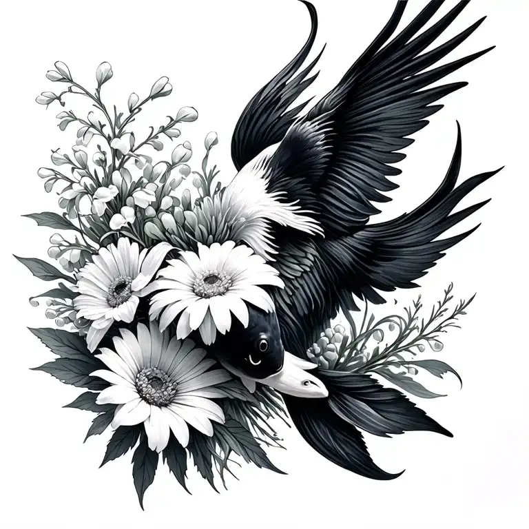  out of water black white koi Transformung into phoenix, bouquet with an aster, a daisy, a lily of the valley tattoo design idea