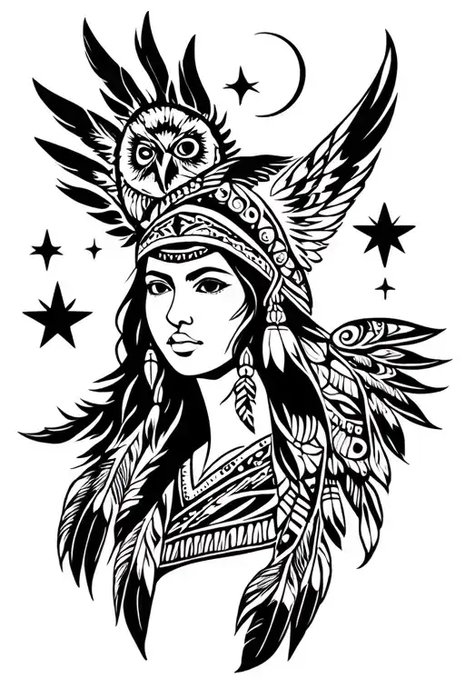 native american woman warrior owl feathers phoenix turtle moon stars tattoo design idea