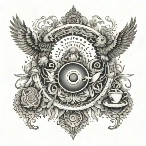 An intricate mandala design with coffee beans and musical instruments, featuring an eagle and lion hidden within the pattern tattoo design idea