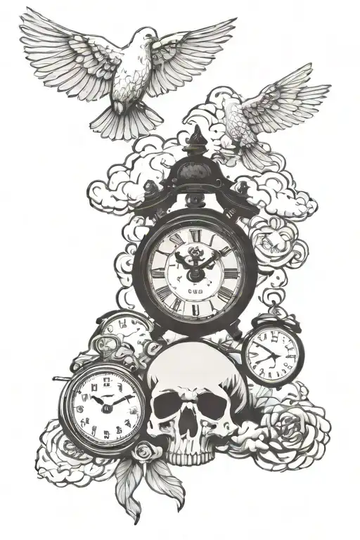 cloud background with a dove and 2 clocks and a skull  tattoo design idea