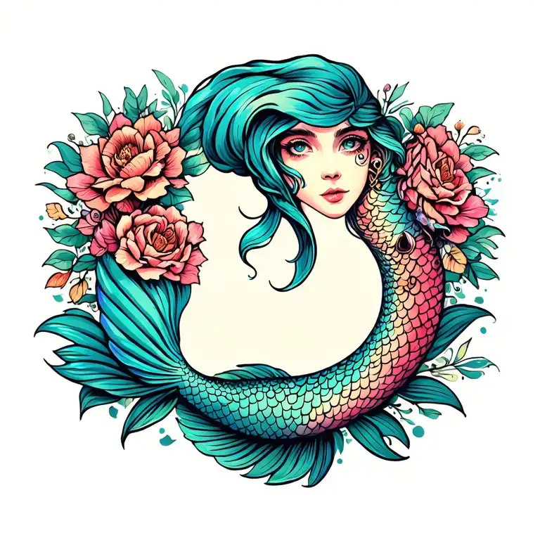 very feminine mermaid tail or fish tail that curves tattoo design idea