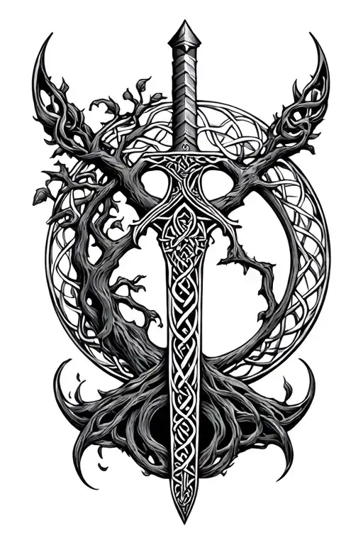 Celtic dagger and tree of life tattoo design idea