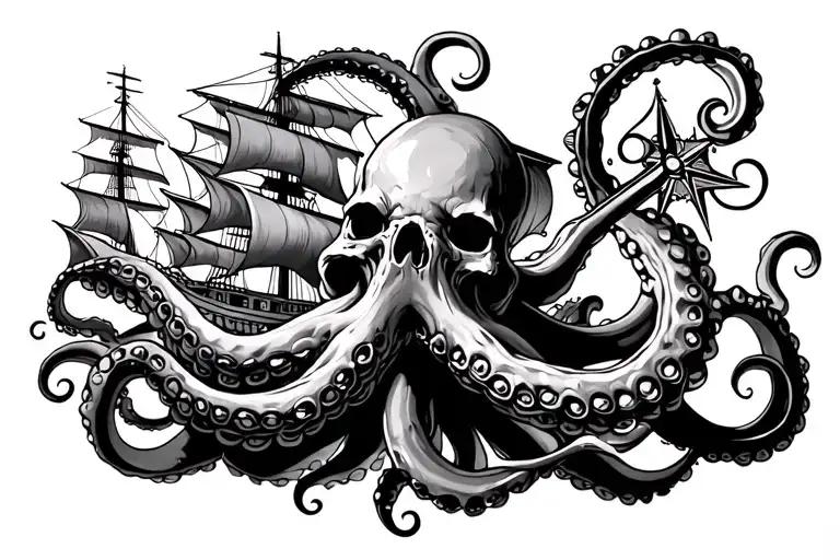 sea ship, anchor, compass, octopus tentacles tattoo design idea