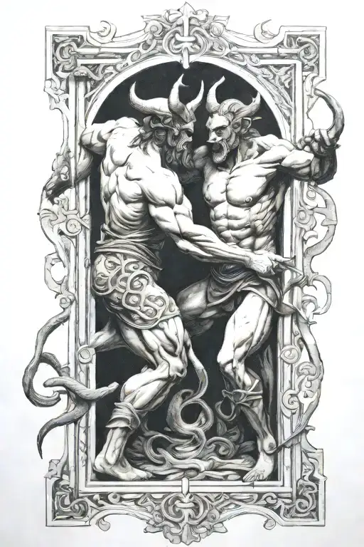 Minotaur and theseus fighting under a labyrinth  tattoo design idea