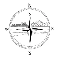 in the background there is a compass in front of the compass is a city mountains and the beach tattoo design idea