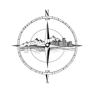 in the background there is a compass in front of the compass is a city mountains and the beach tattoo design idea