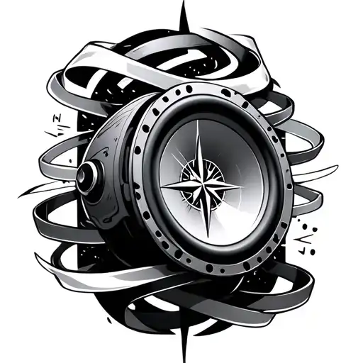 subwoofer, aurora ribbons surrounding it  mixed with soundwaves , beatle with a compass on its body inside tattoo design idea