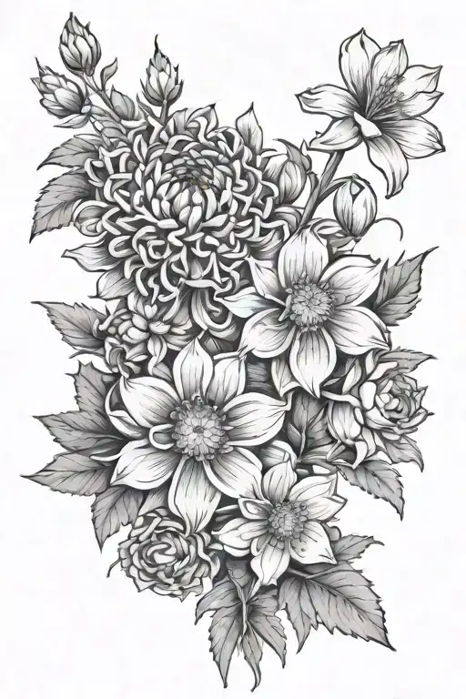 chrysanthemum flower, narcissus flower, Delphinium flower, Aster flower, and Violet flower tattoo design idea