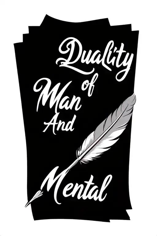 Quill and paper with the words “Duality of Man And Mental” written on the paper as if it's being written onto the paper tattoo design idea