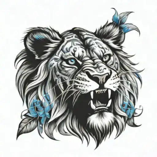 lion head roaring with blue eye, calender below with the dates 6th of September 2024 tattoo design idea
