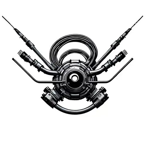 Biomechanical elements: cables, ports, injectors tattoo design idea