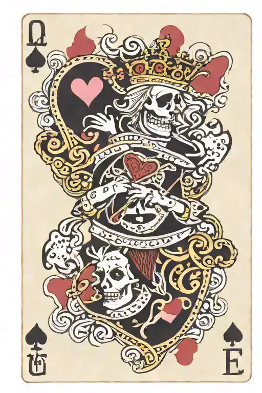 Skelton queen of hearts playing card tattoo design idea
