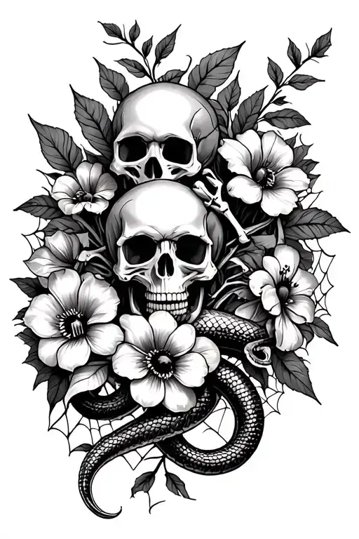 large flowers with skulls, bones, snakes, spiders, webs, and vines tattoo design idea