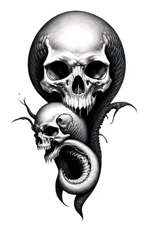 morray eel going through 2 skulls tattoo design idea