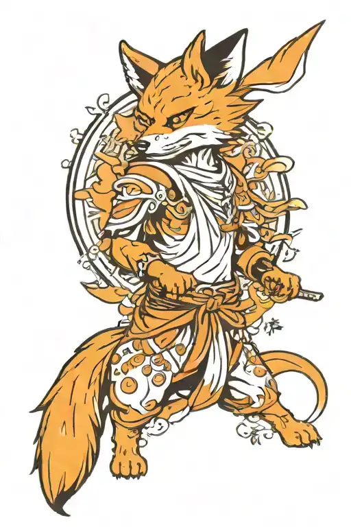a location pin with a fox revolving it, like kurama mode all body tattoo design idea