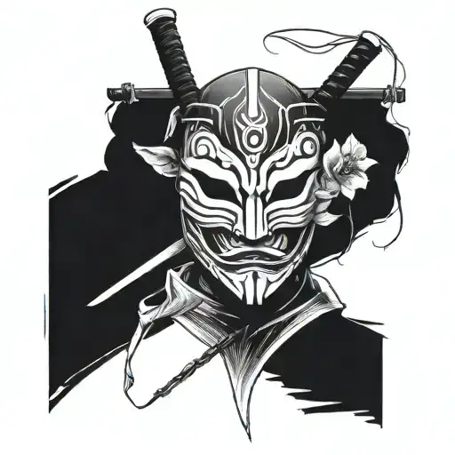 simple tattoo sketch, minimal details, Japanese mask, Japanese katana, sketch for the back, without flowers, against a tattoo design idea