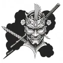 simple tattoo sketch, minimal details, Japanese mask, Japanese katana, sketch for the back, without flowers, against a tattoo design idea