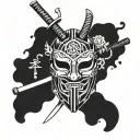 simple tattoo sketch, minimal details, Japanese mask, Japanese katana, sketch for the back, without flowers, against a tattoo design idea