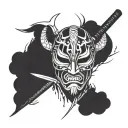 simple tattoo sketch, minimal details, Japanese mask, Japanese katana, sketch for the back, without flowers, against a tattoo design idea