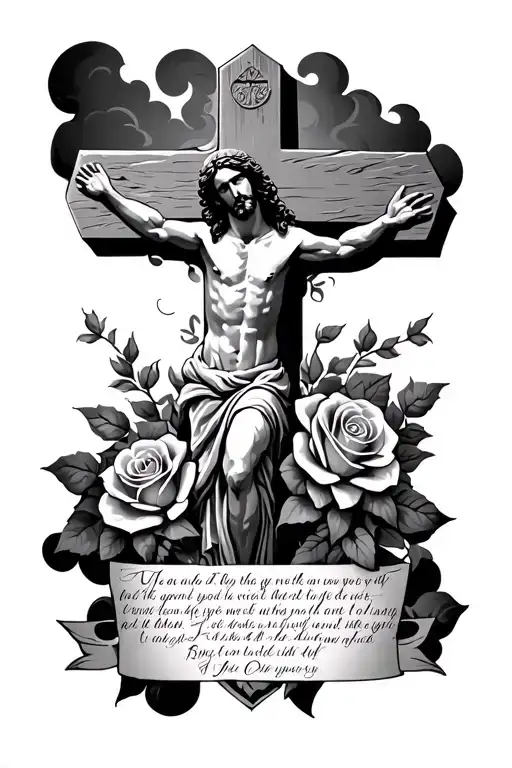 jesus cross with roses and dark clouds and a scripture  tattoo design idea