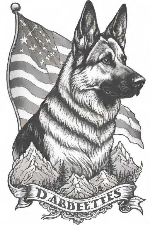 German shepherd American flag mountain scene saying "diabetes" tattoo design idea