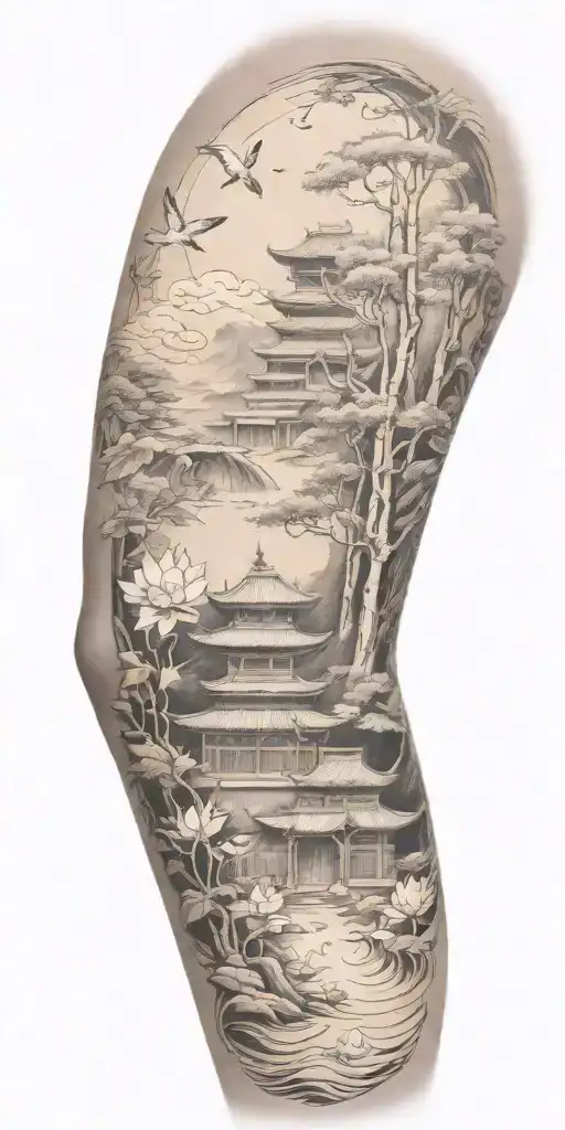 traditional scenario of nature inspired by Buddhist symbols. include bamboo, lotus, koi fish representing a spiritual  tattoo design idea