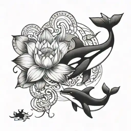 unalome with lotus flower and orca whale tattoo design idea
