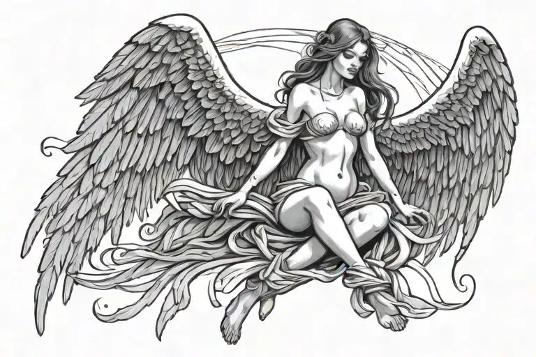 sad sexy female angel spreading wings, showing full body without clothes facing front tattoo design idea