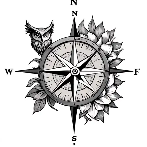 Compass with owl symbol in north, lion head in south, justice scale in west and lotus flower in east tattoo design idea