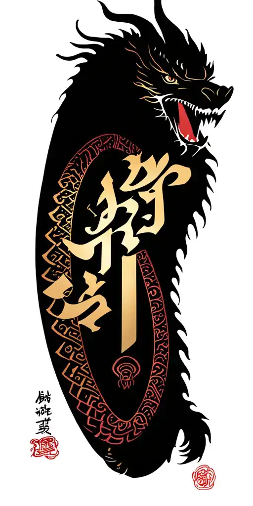 Undragon in the calligraphy with the text "Mohamed bin Habib and Khadija, brother of Fatiha, Fafa, Aurelian, Nadia Bentelli and Philippe" tattoo design idea