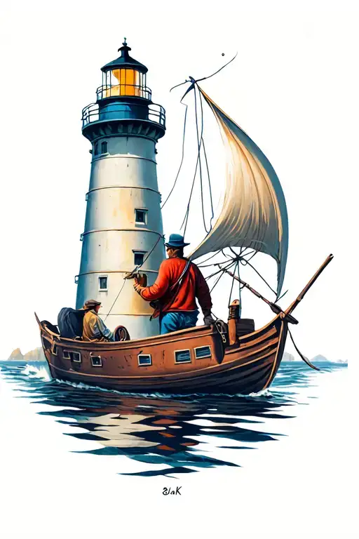sailor approaching light house on row boat tattoo design idea