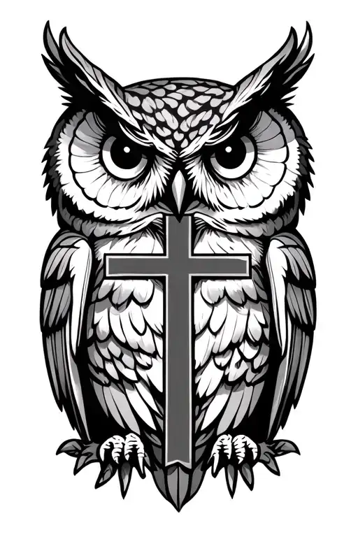 owl with cross in the middle tattoo design idea