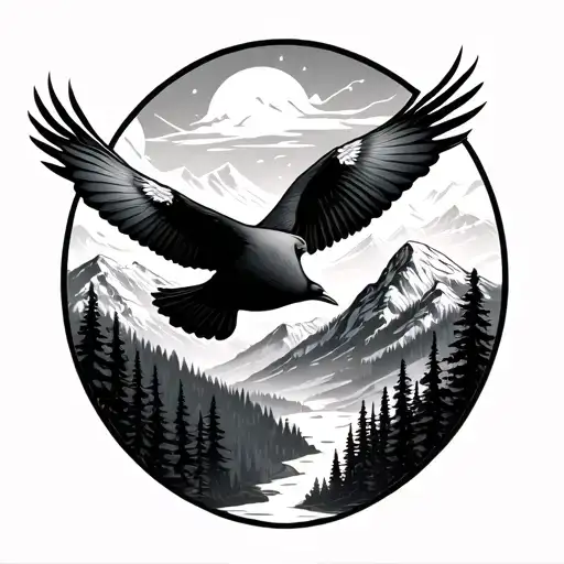 birds flying through mountains and forest with a silhouette tattoo design idea