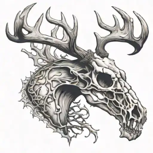 Whitetail deer skull with a person hunting with a gun intertwine  tattoo design idea