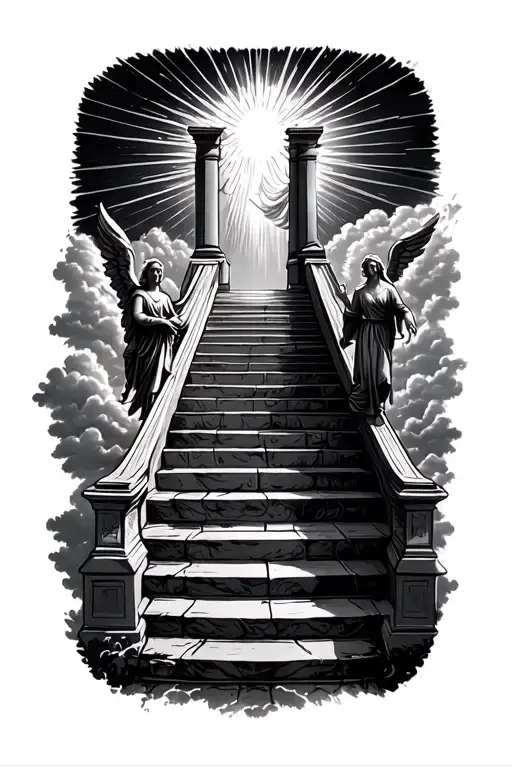 stairway to heaven walking up stairs angels sun rays clouds heaven gate at the top of the stairs  tattoo design idea