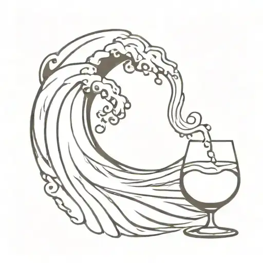 A wave with a sun in the trough of the wave. In the sun a glass of wine tattoo design idea