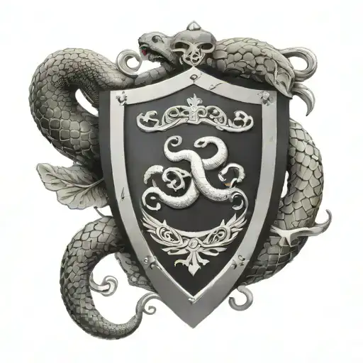 medieival shield with protection symbol and a snake coiled around the shield tattoo design idea