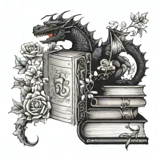 books surrounded by florals wrapping words dragons wonds and ivy tattoo design idea