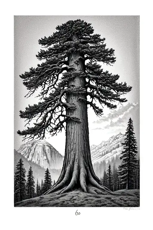 giant sequoia tree with half dome tattoo design idea