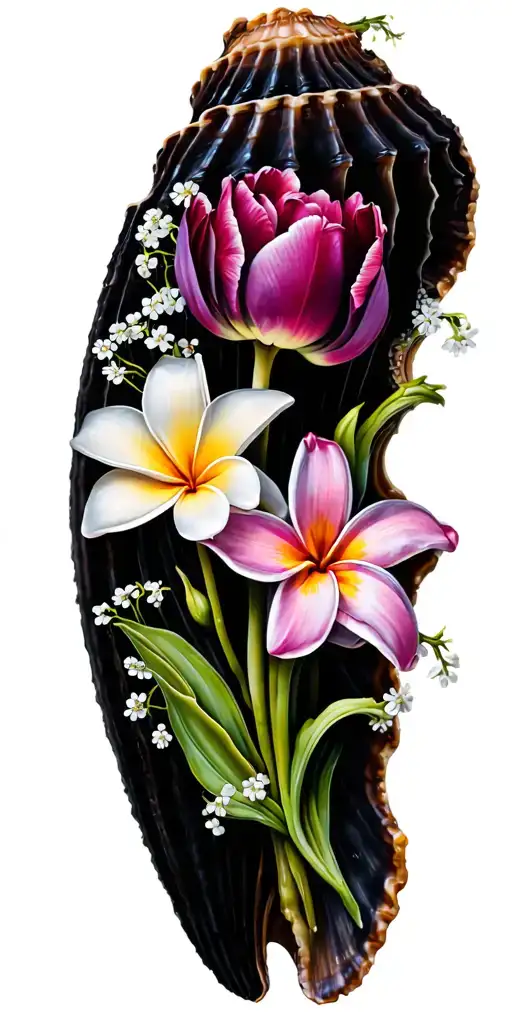 tulips ,hicibus , carnations ,plumeria  and baby's breathe flowers growing out of a conch shell tattoo design idea