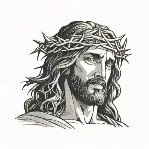 Jesus Christ in a close up pose, crown of thorns around his head. light radiating behind him,  tattoo design idea