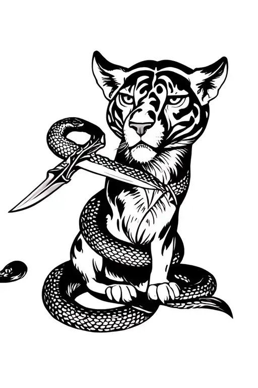 black and white american traditional tattoo flash, full body puma with a snake coiled around it, dagger through the puma tattoo design idea